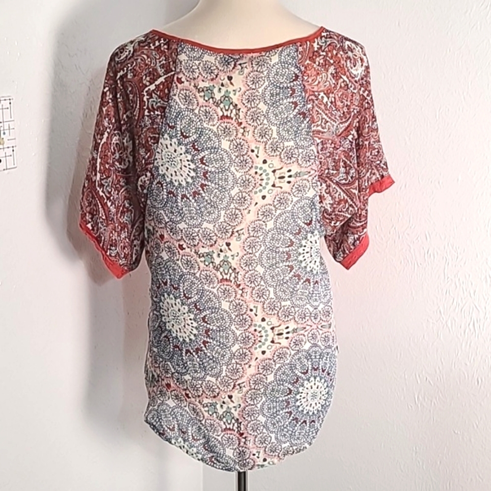 Ogle Orange & Blue Paisley Top woth Embroidered Flower Accents, Size Large - Picture 7 of 9